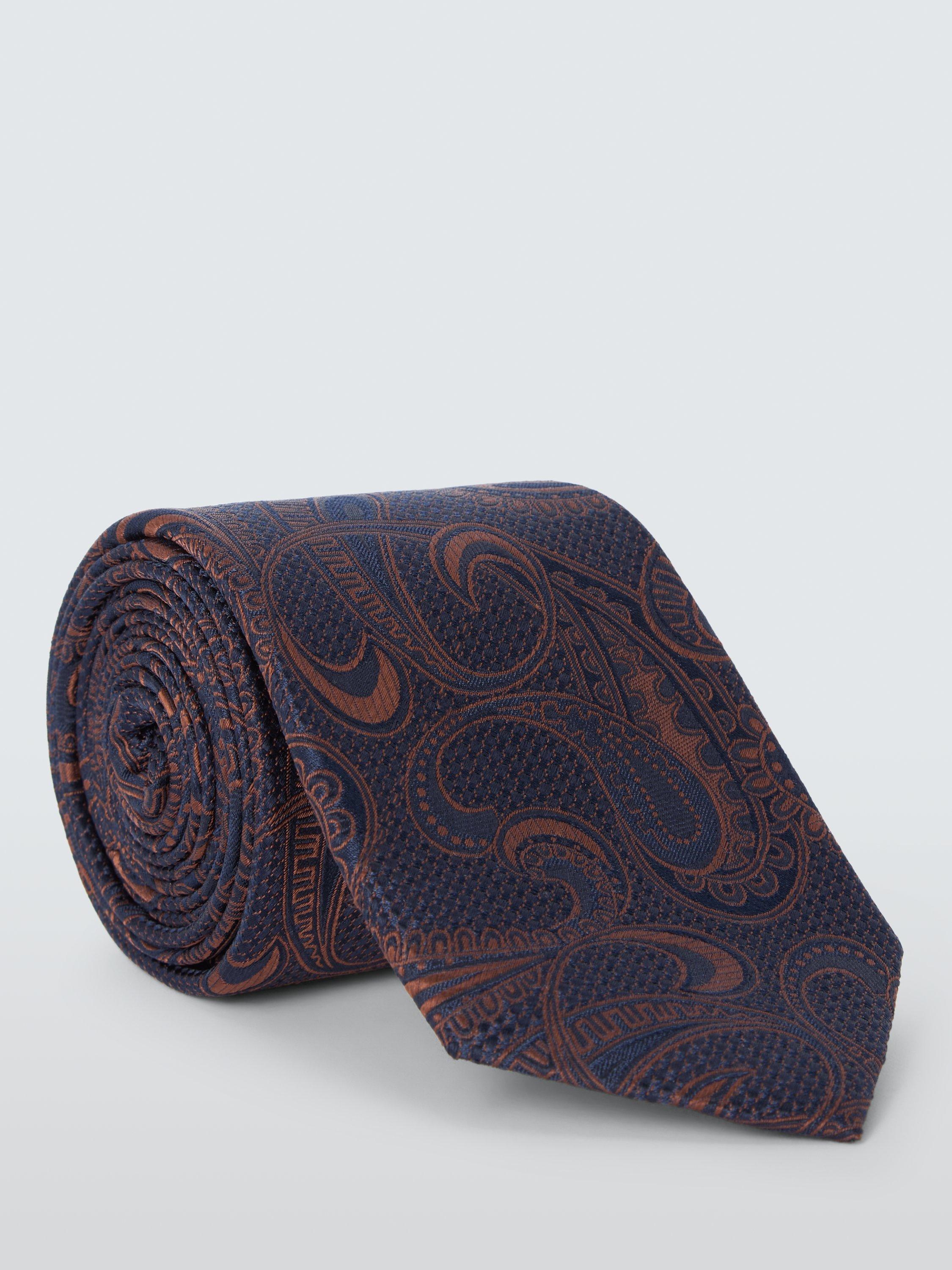 Product image 1 of 2, which shows John Lewis Textured Paisley Silk Tie, Navy/Orange
