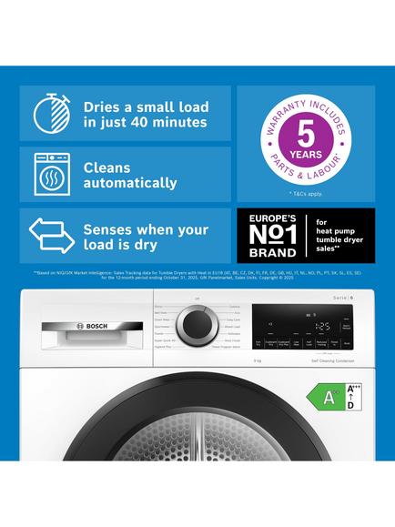 Bosch Series 6 Self-cleaning Heat Pump Tumble Dryer, 9kg Load, WQG245R2GB, WQG24502GB - view 2, White