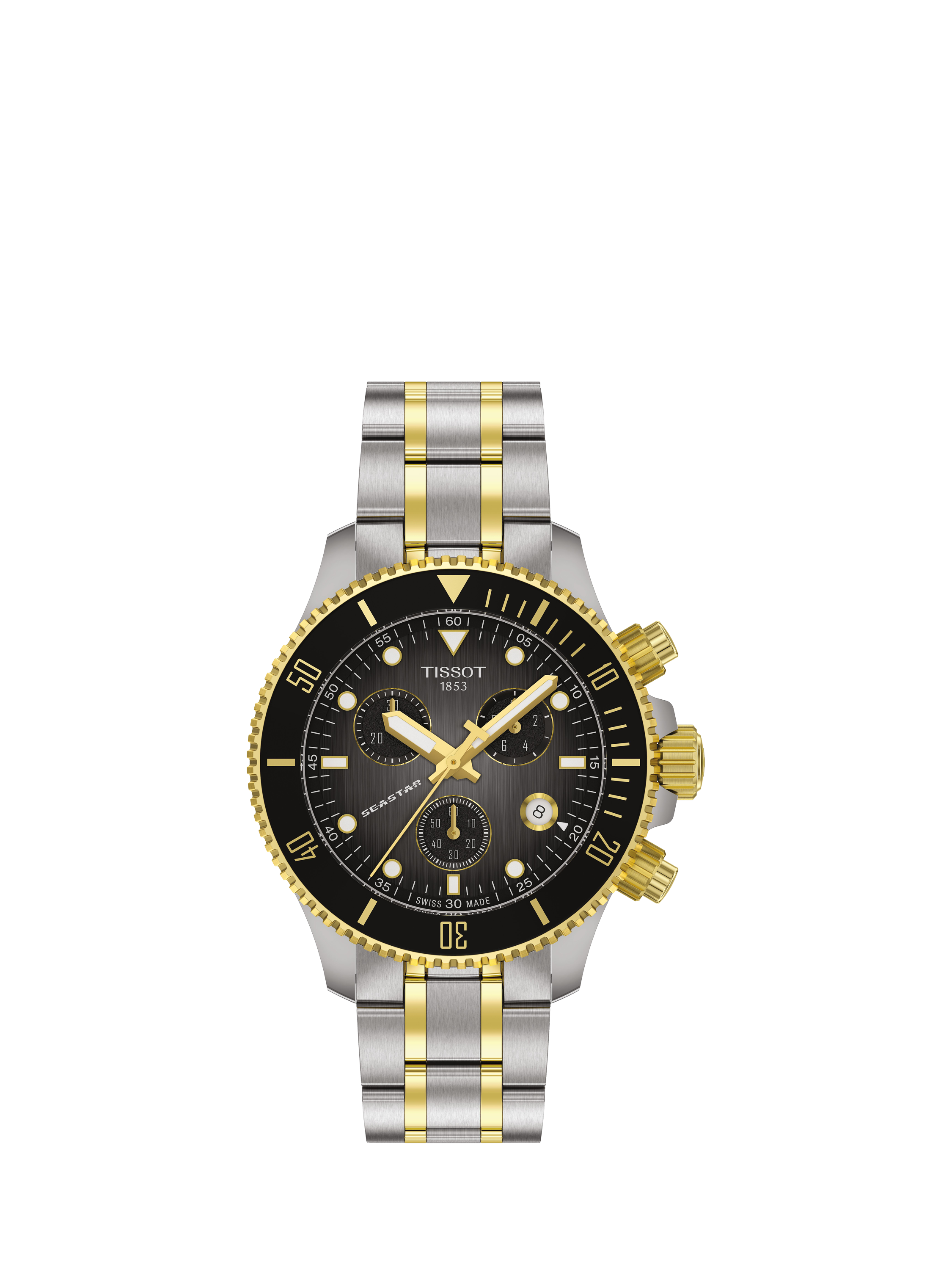 Product image 1 of 3, which shows Tissot T1202172206100 Seastar Unisex Quartz Chronograph Bracelet Strap Watch, Black/Silver/Gold