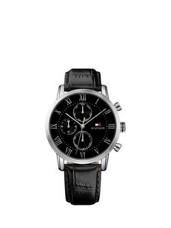 Tommy Hilfiger 1791401 Chronograph Leather Strap Watch, Black, Black