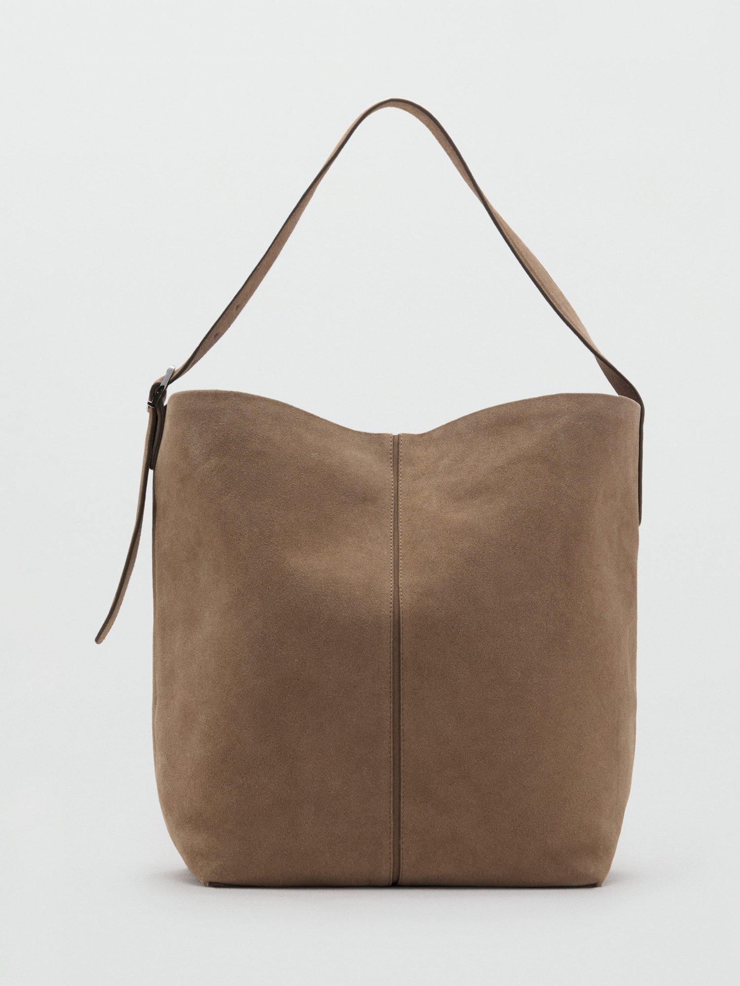 Product image 1 of 5, which shows Mango Carnaby Large Suede Handbag, Light Pastel Brown