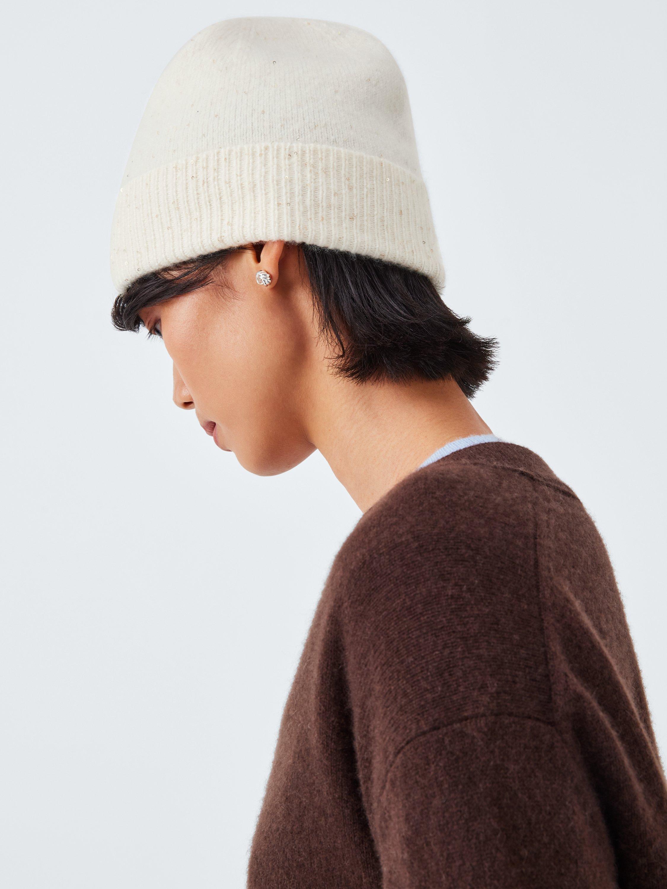 Product image 1 of 4, which shows John Lewis Sequin Cashmere Blend Beanie Hat, Ivory