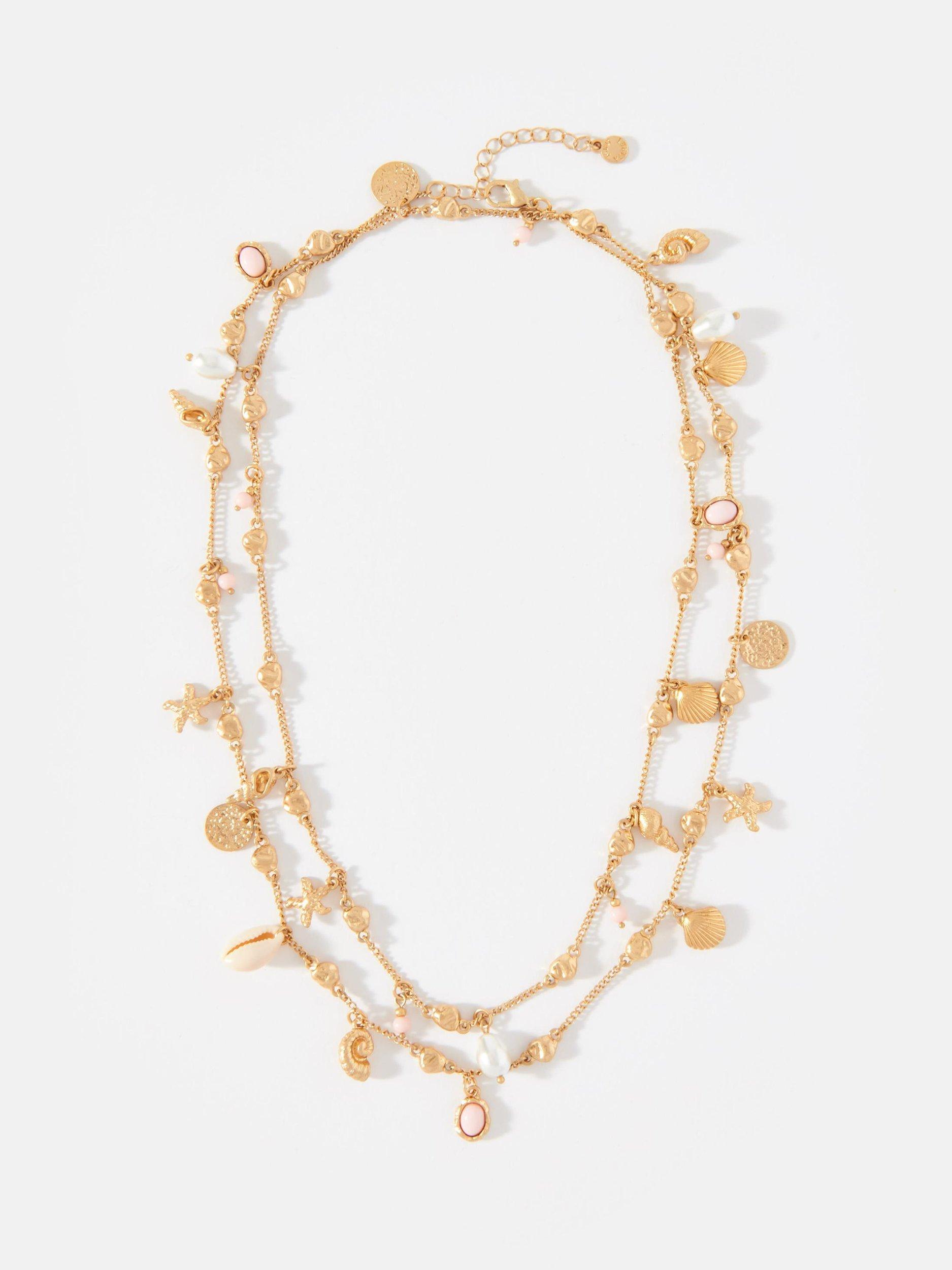 Mint Velvet Multi Row Shell Charm Necklace, Gold