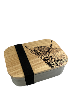 Selbrae House Highland Cow Oak and Stainless Steel Lunch Box, Silver