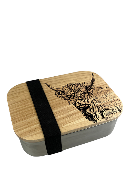 Selbrae House Highland Cow Oak and Stainless Steel Lunch Box, Silver