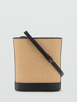 Mango Coin Medium Raffia Drawstring Bucket Bag, Black, Black