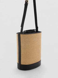 Mango Coin Medium Raffia Drawstring Bucket Bag, Black - view 2, Black