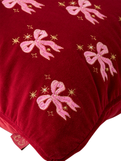 Elizabeth Scarlett Dazzling Bows Velvet Cushion, Pink - view 2, Pink