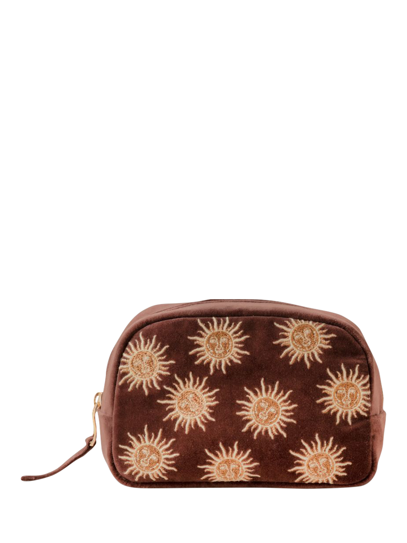 Product image 1 of 3, which shows Elizabeth Scarlett Sun Goddess Makeup Bag, Chocolate