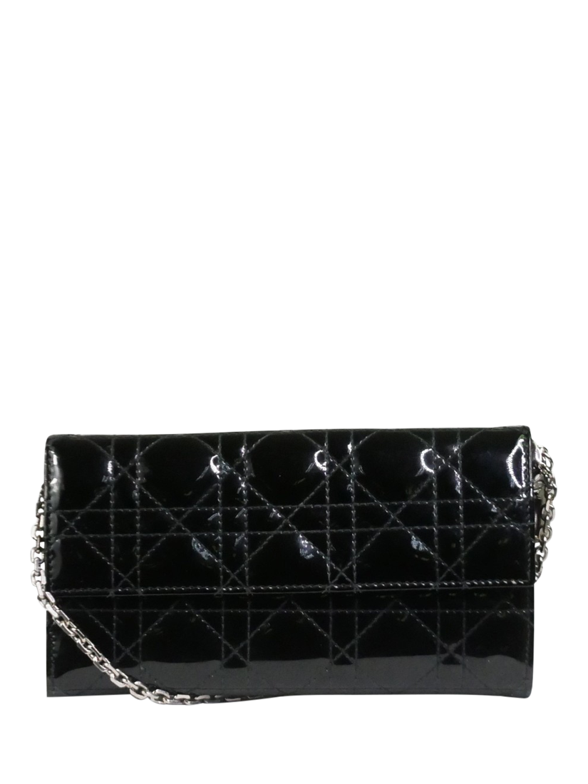 Product image 1 of 3, which shows Pre-loved Christian Dior 2014 Lady Dior Flap Patent Leather Wallet On Chain, Black