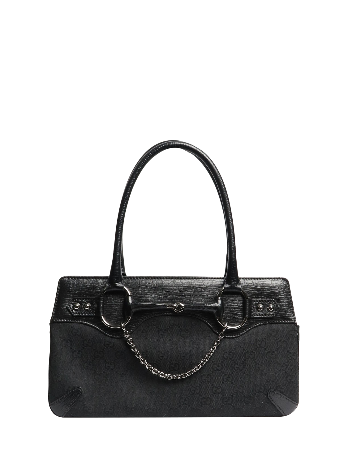 Pre-loved GUCCI GG Canvas Horsebit Shoulder Bag, Black