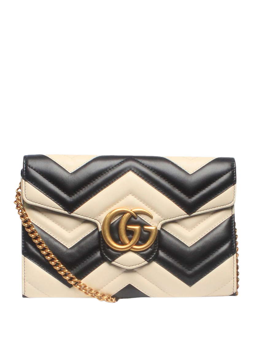 Pre-loved GUCCI GG Marmont Chevron Leather Wallet On Chain, Cream/Black