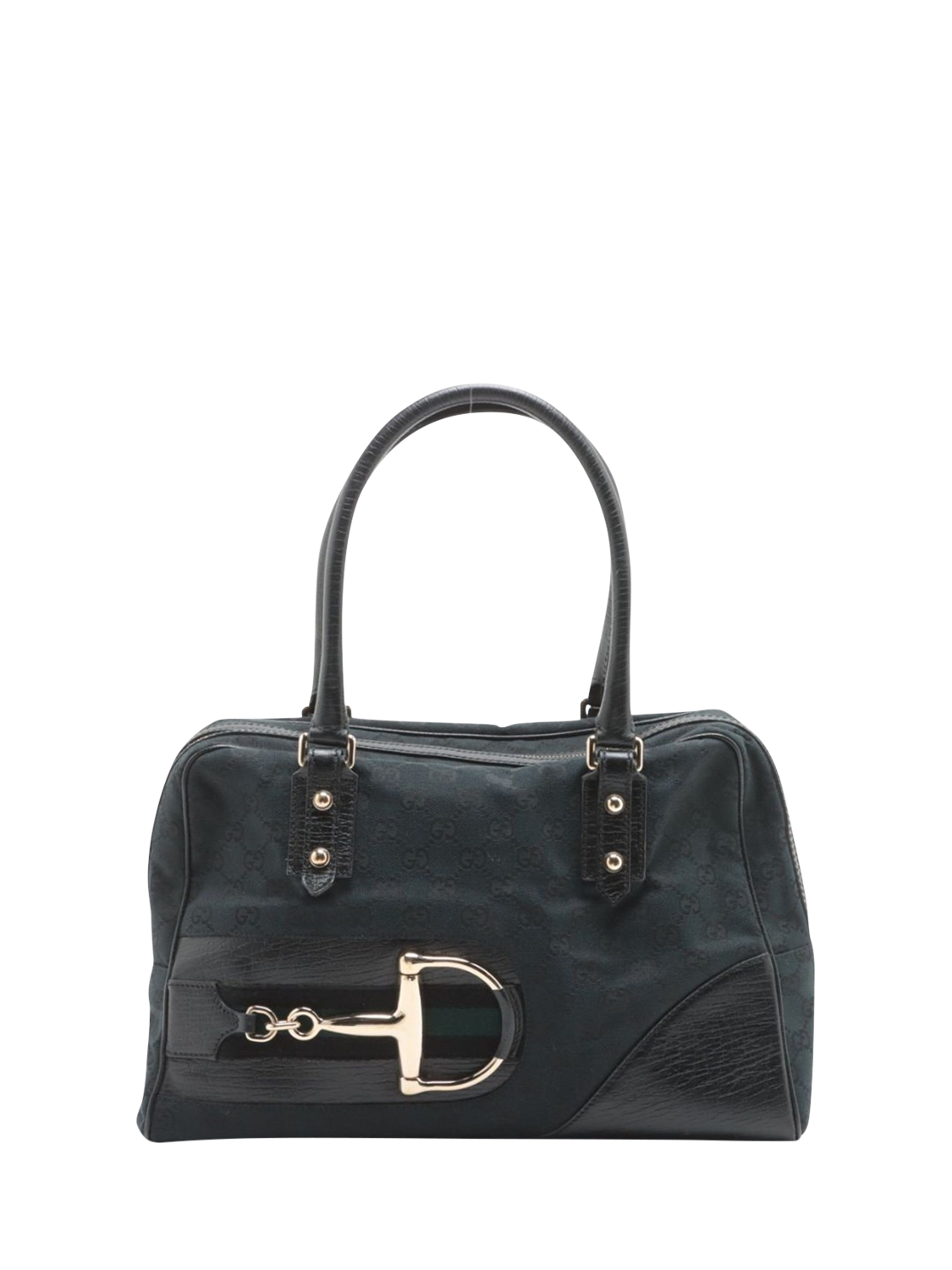Pre-loved GUCCI GG Canvas Horsebit Canvas and Leather Shoulder Bag, Black