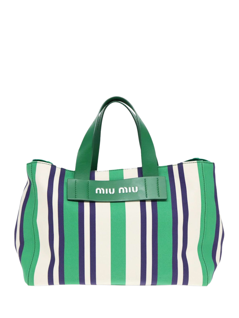 Product image 1 of 9, which shows Pre-loved Miu Miu Striped Canvas 2Way Tote Bag, Green/Blue