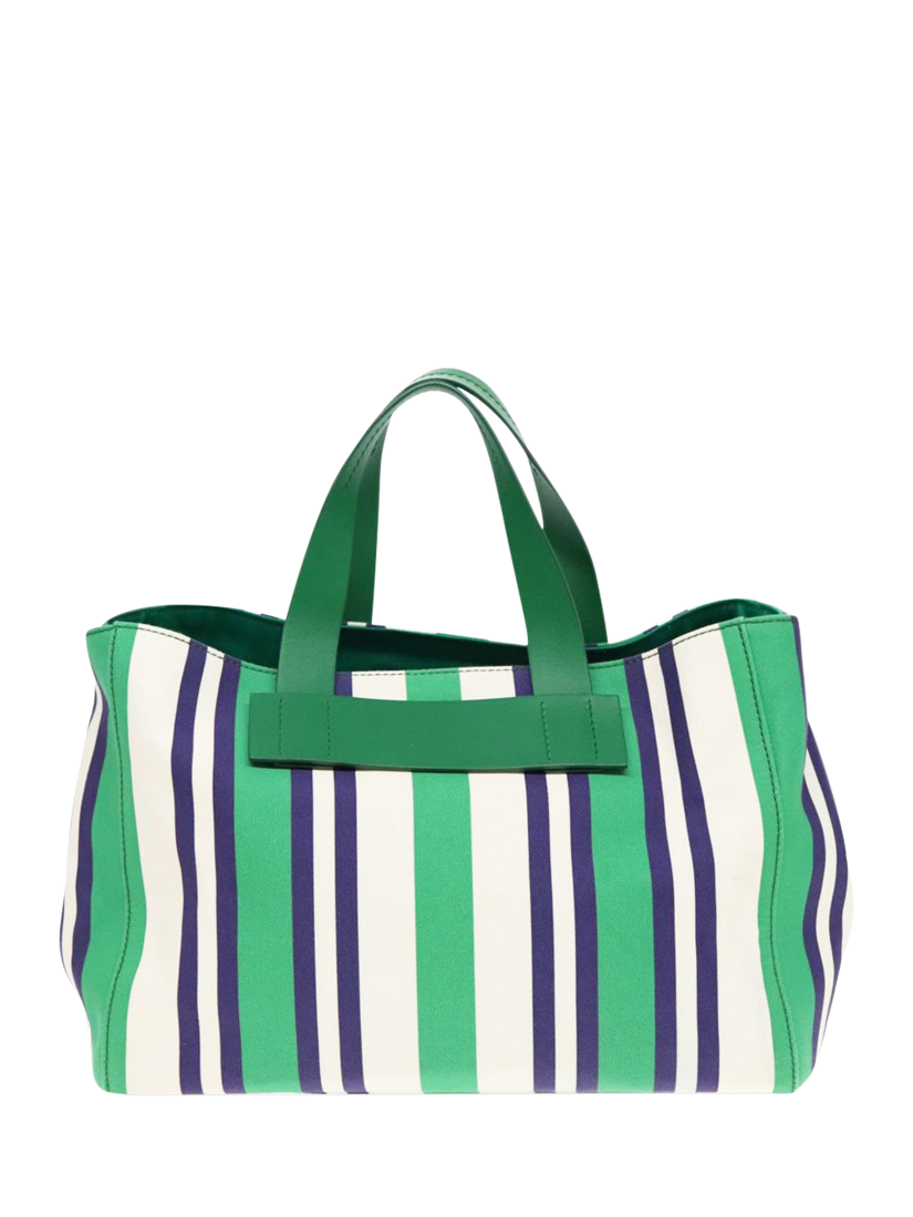 Product image 2 of 9, which shows Pre-loved Miu Miu Striped Canvas 2Way Tote Bag, Green/Blue