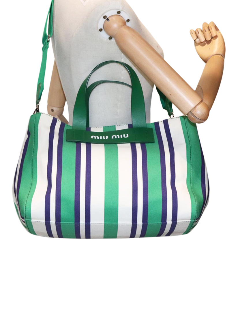 Product image 3 of 9, which shows Pre-loved Miu Miu Striped Canvas 2Way Tote Bag, Green/Blue