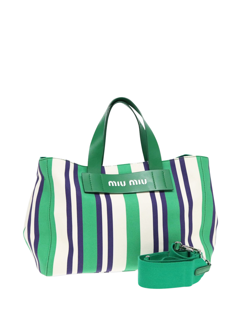 Product image 4 of 9, which shows Pre-loved Miu Miu Striped Canvas 2Way Tote Bag, Green/Blue