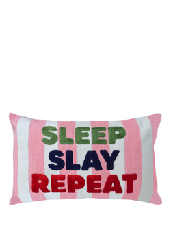 The Pillow Drop Sleep Slay Repeat Needlepoint Cushion, Multi, Pink