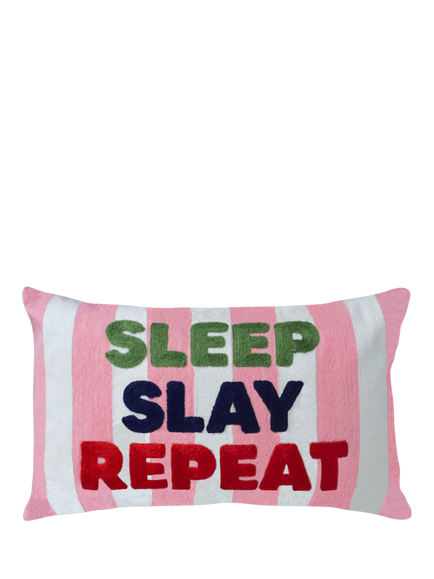 The Pillow Drop Sleep Slay Repeat Needlepoint Cushion, Multi, Pink