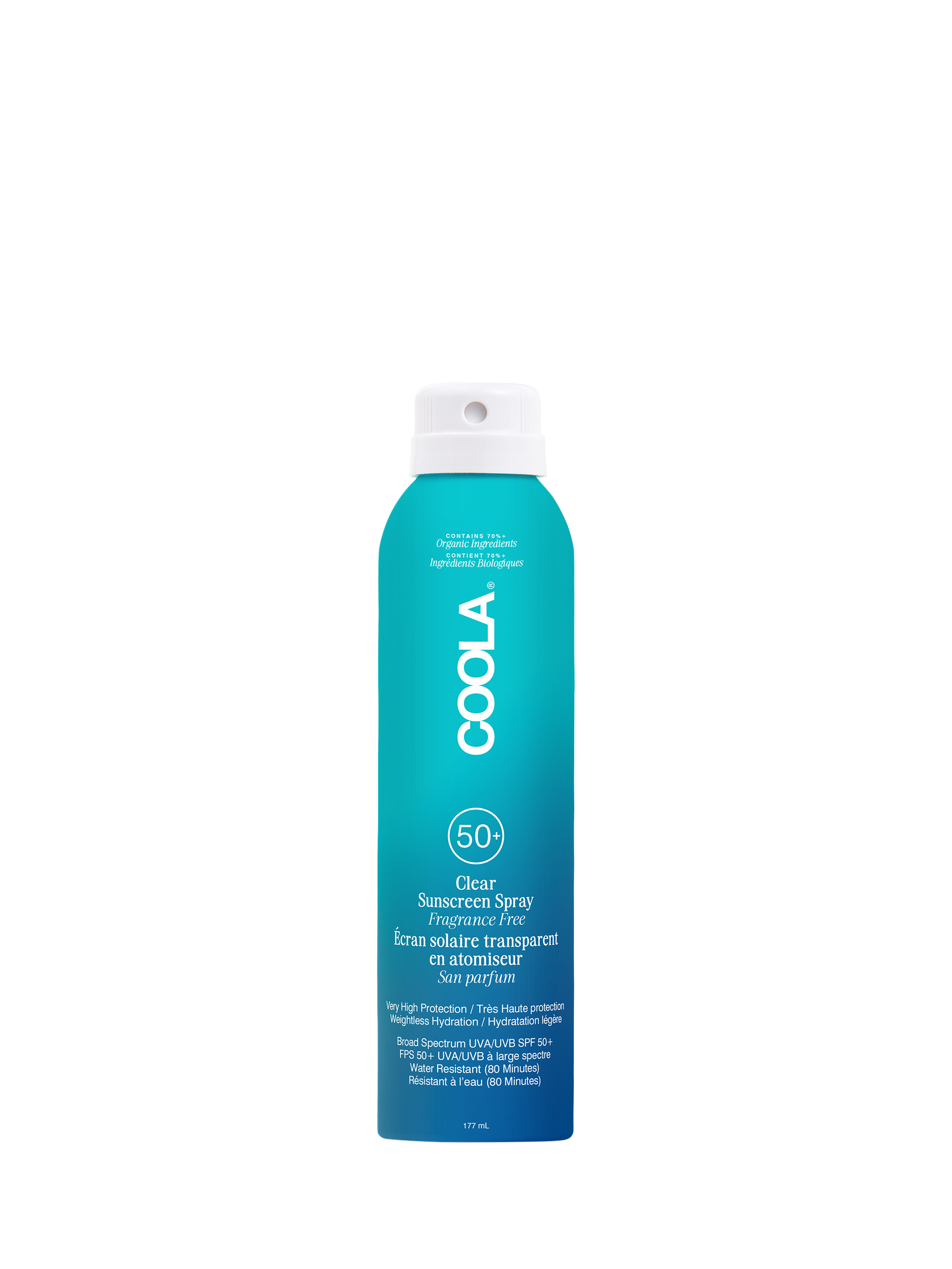 Product image 1 of 1, which shows COOLA Clear Sunscreen Spray Fragrance Free SPF 50, 177ml