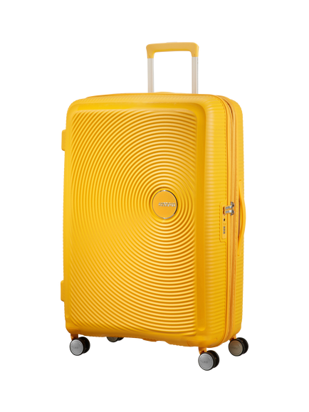 American Tourister Soundbox 4-Wheel Spinner 77cm Expandable Large Suitcase, Golden Yellow