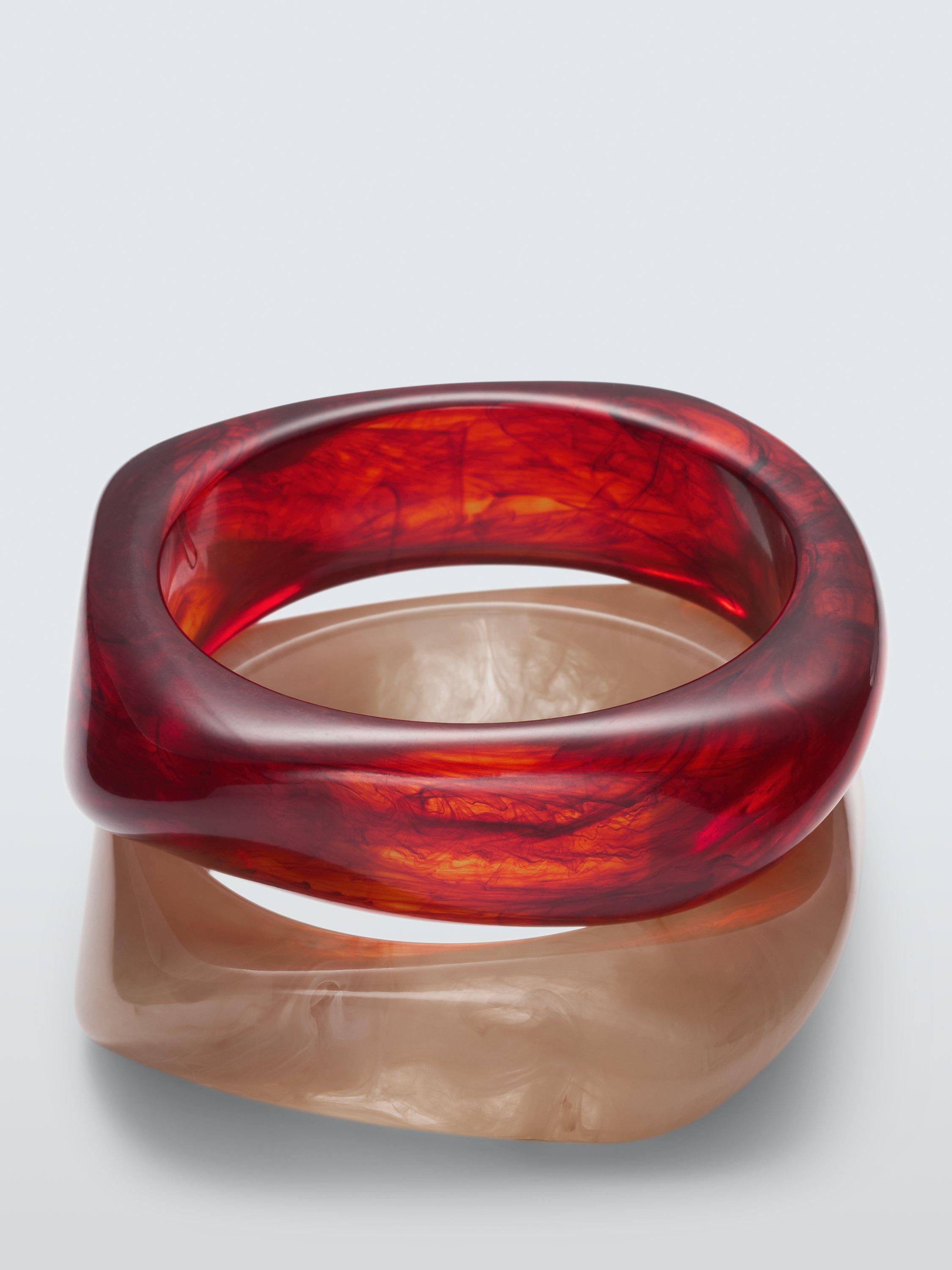 Product image 1 of 2, which shows John Lewis Curved Square Statement Resin Bangle Set, Natural/Burgundy