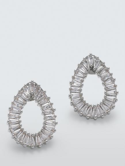 John Lewis Teardrop Baguette Stone Stud Earrings, Silver, Silver