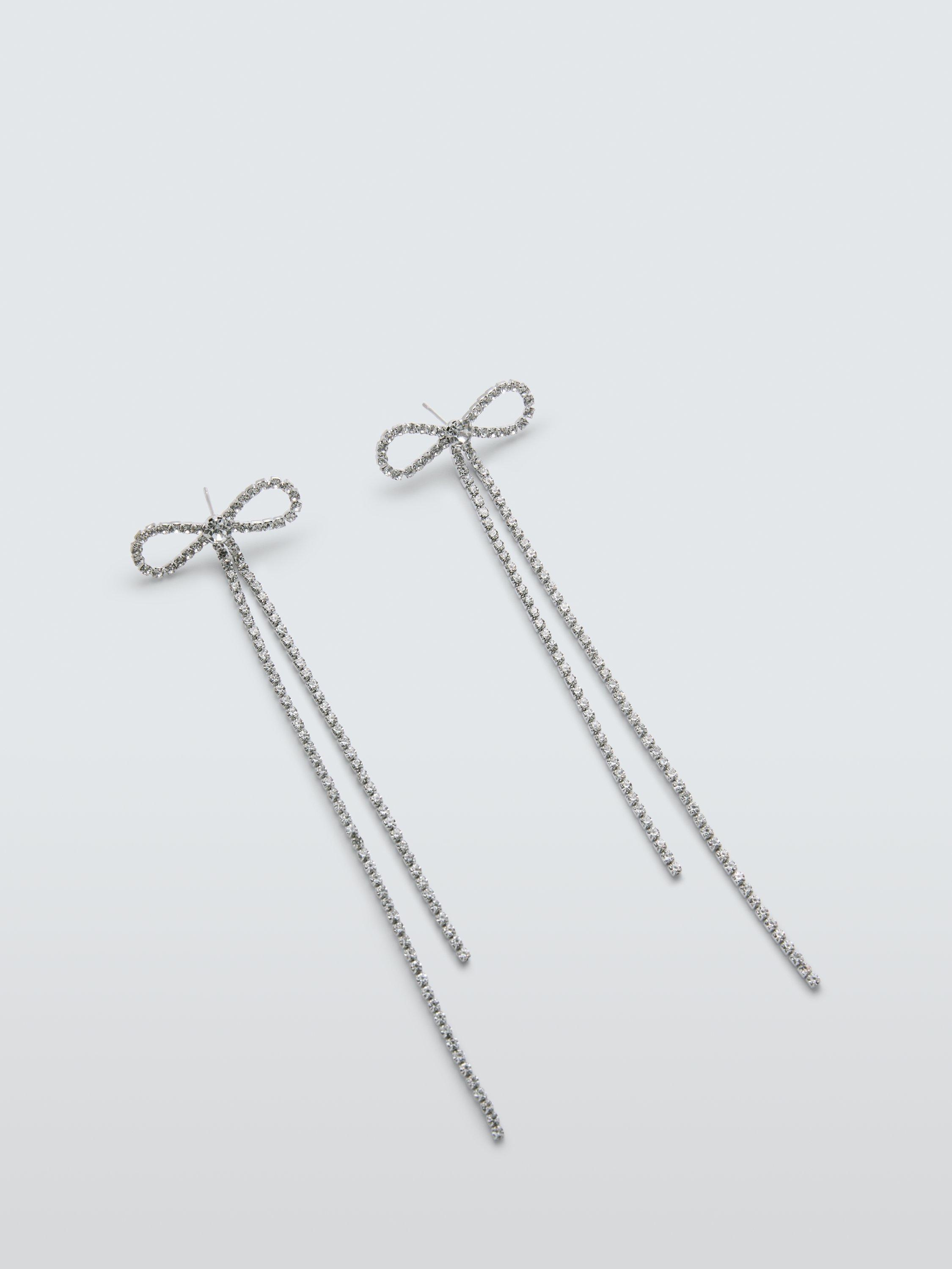 Product image 1 of 2, which shows John Lewis Bow Double Diamante Chain Drop Earrings, Silver