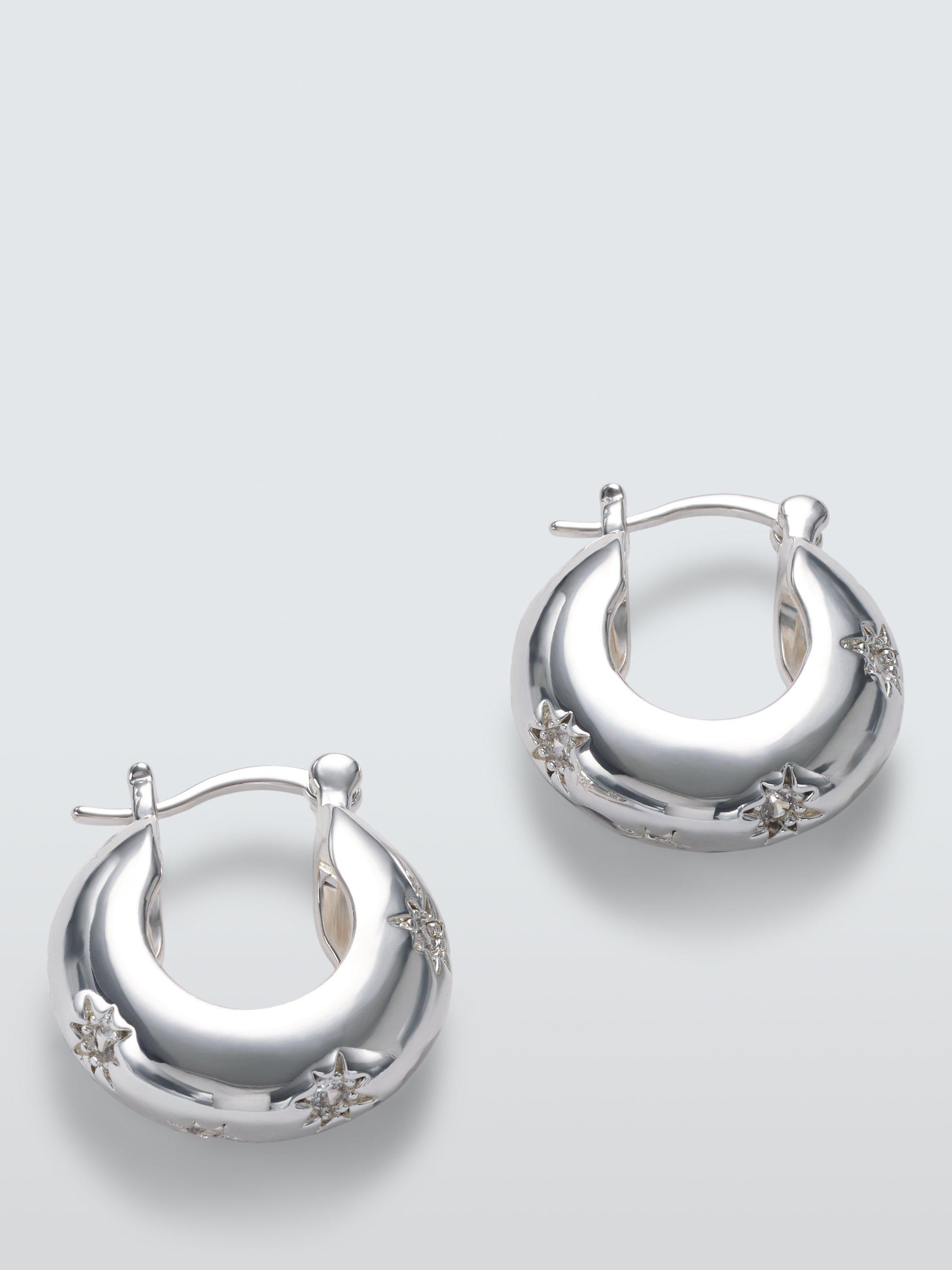 Product image 1 of 2, which shows John Lewis Diamante Star Hinge Hoop Earrings, Silver