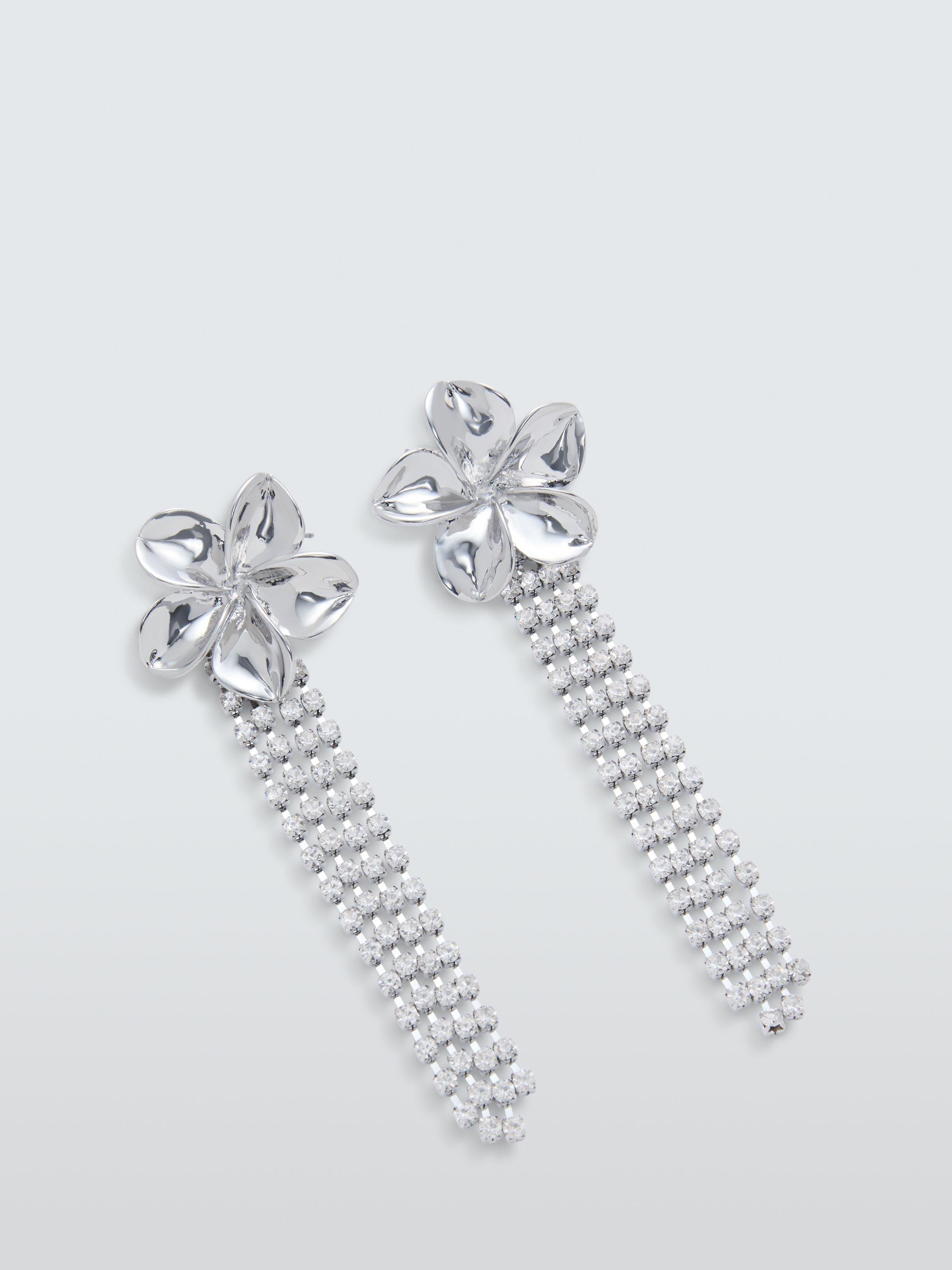 Product image 1 of 2, which shows John Lewis Diamante Flower Drop Stud Earrings, Silver