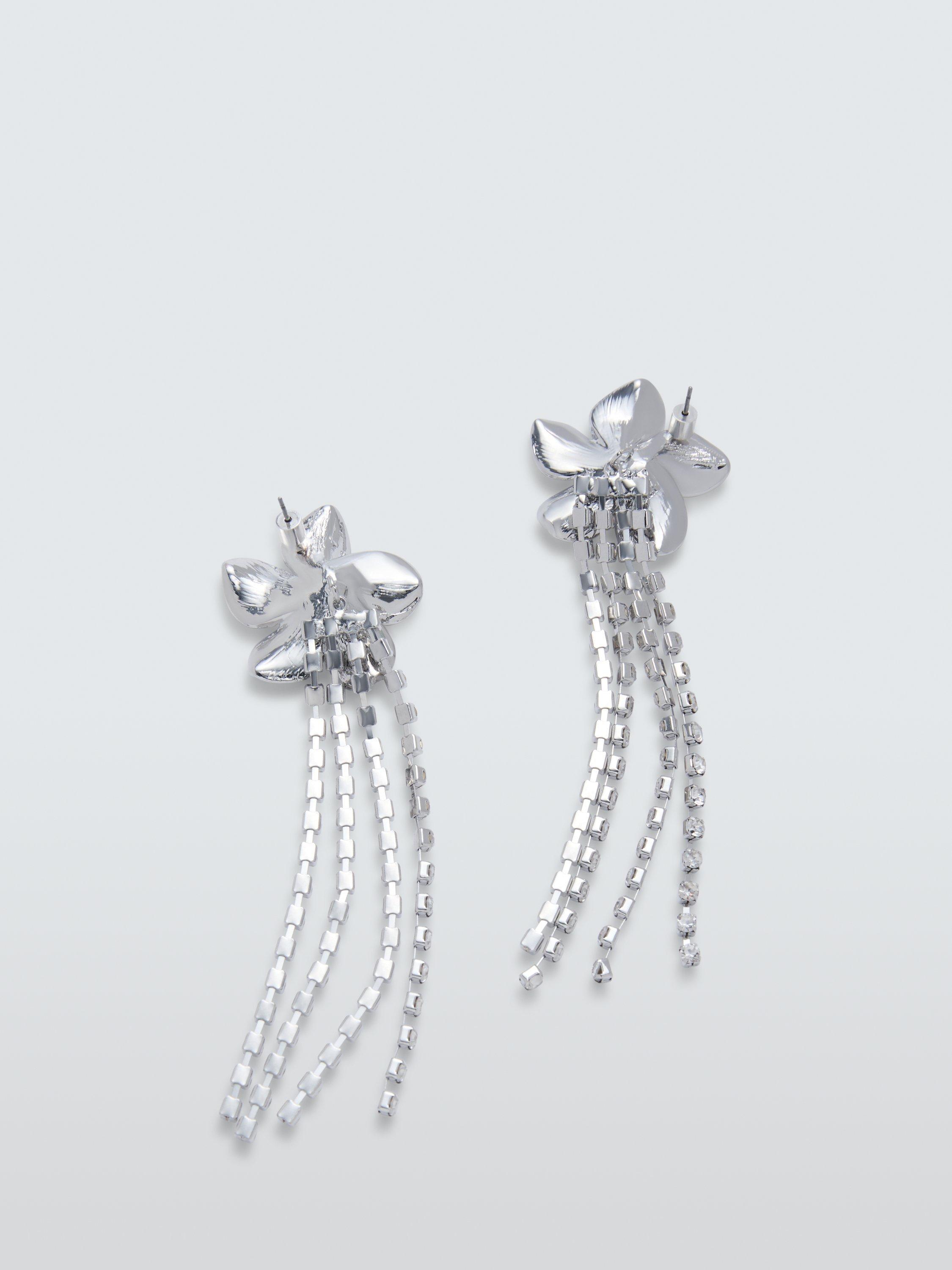 Product image 2 of 2, which shows John Lewis Diamante Flower Drop Stud Earrings, Silver