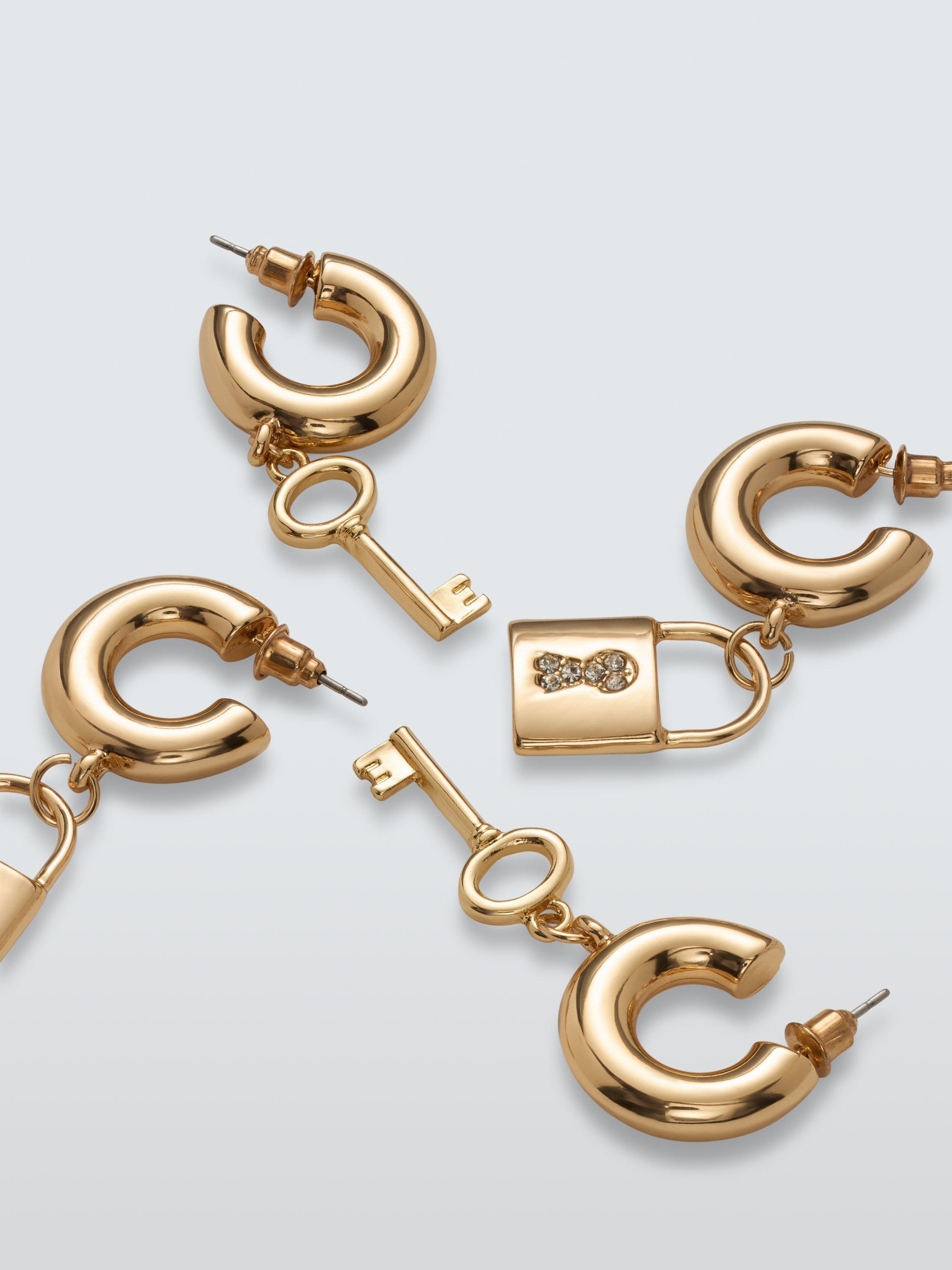 Product image 2 of 2, which shows John Lewis Lock Key Half Hoop Duo Earrings Set, Gold