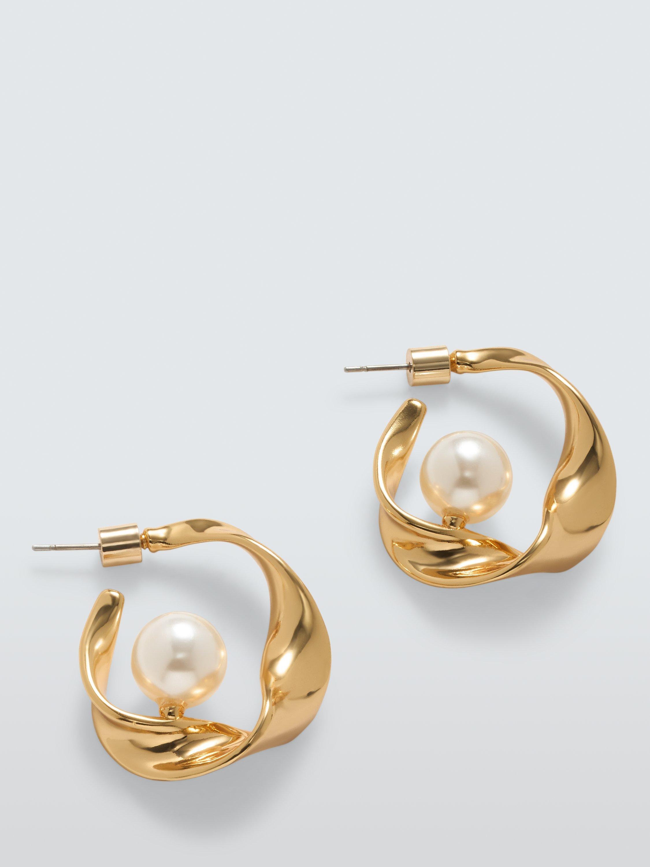 Product image 1 of 2, which shows John Lewis Overlapped Half Hoop Pearl Earrings, Gold