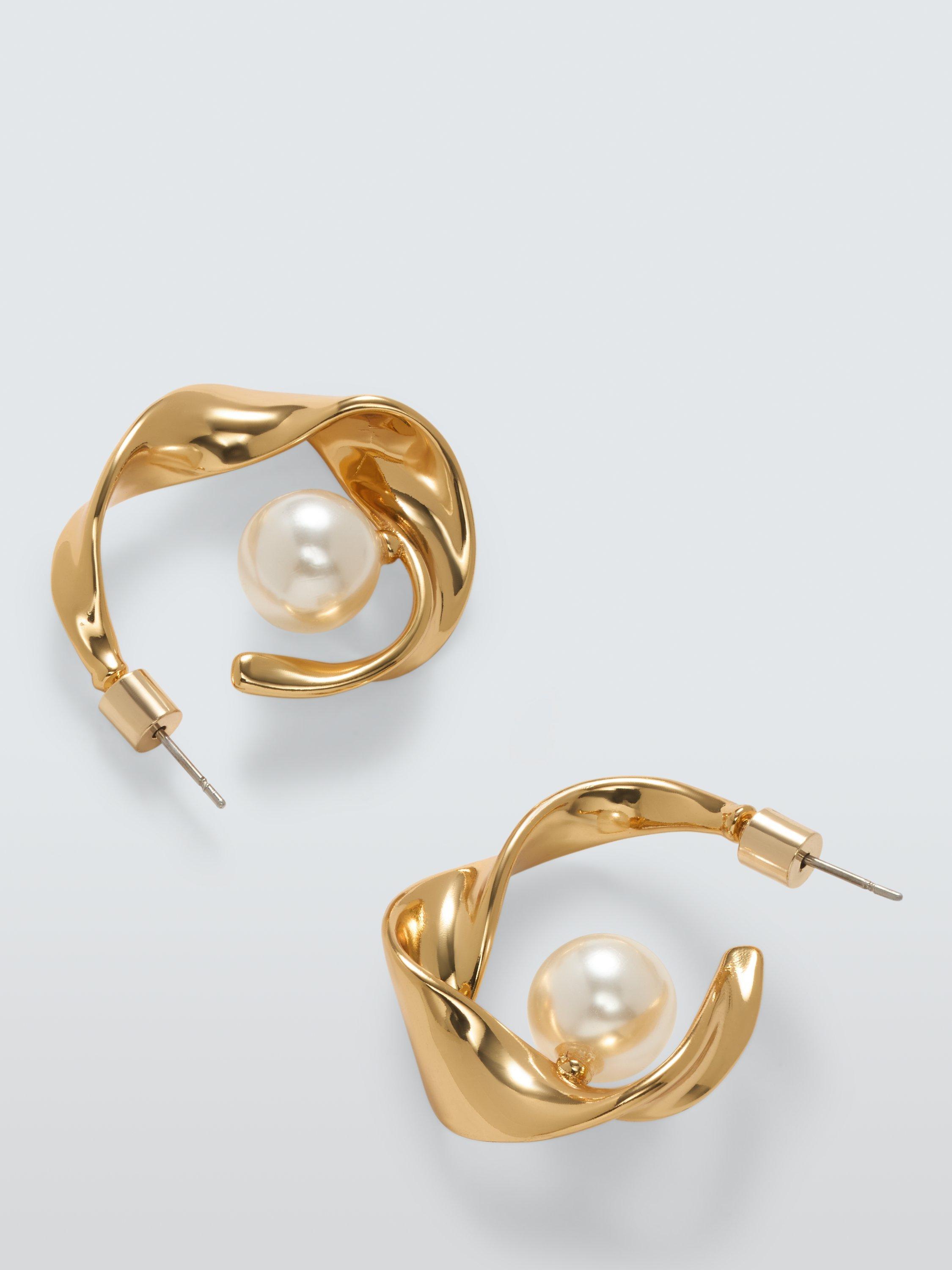 Product image 2 of 2, which shows John Lewis Overlapped Half Hoop Pearl Earrings, Gold