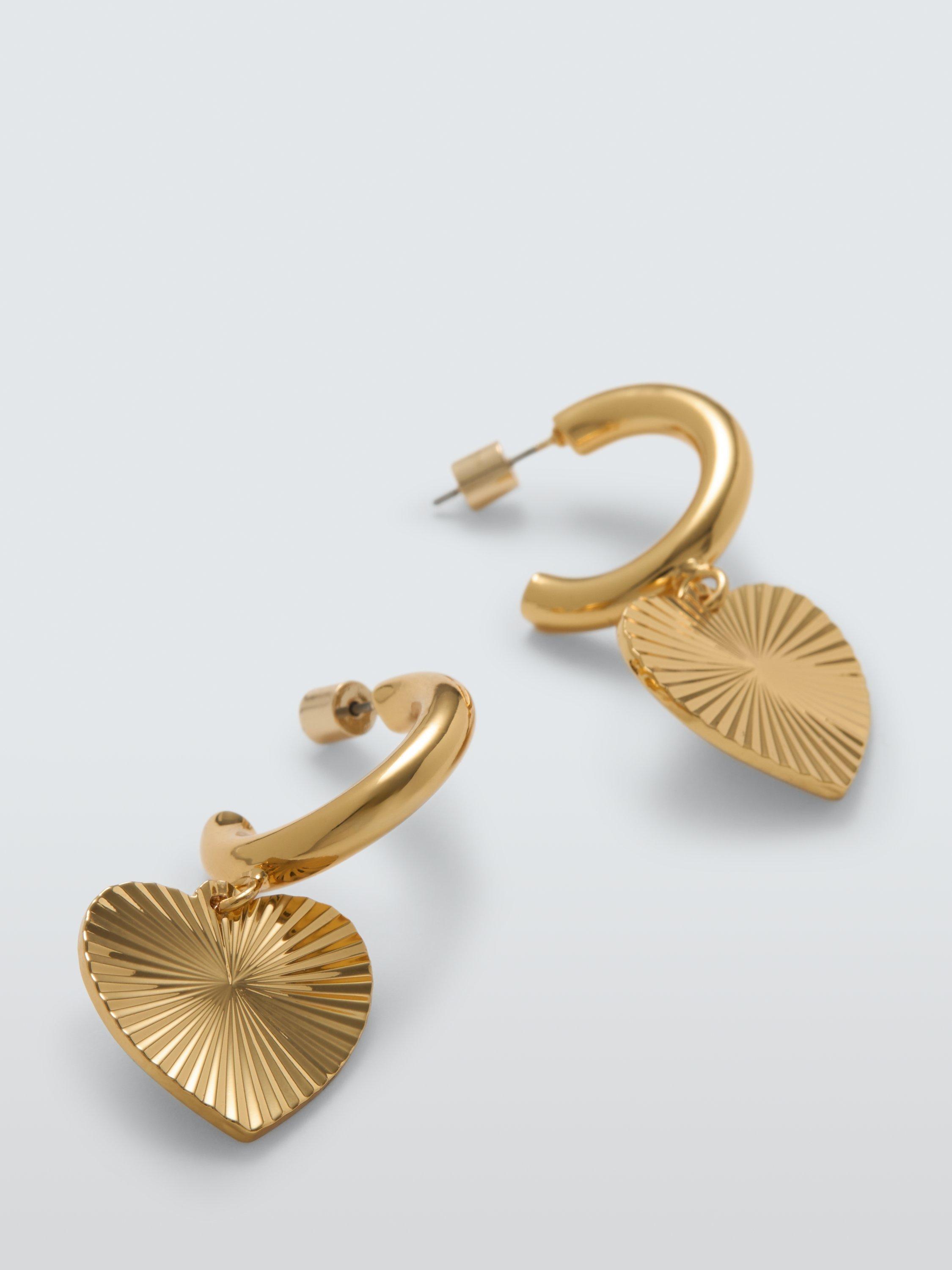 Product image 2 of 2, which shows John Lewis Half Hoop Ridged Heart Drop Earrings, Gold