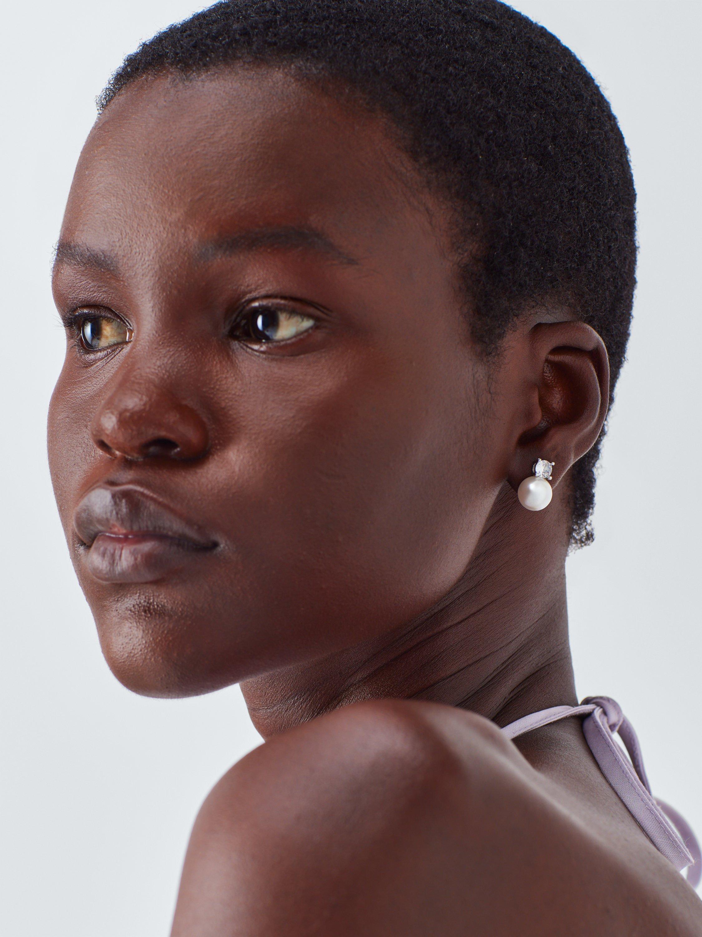 Product image 1 of 2, which shows John Lewis Pearl Cubic Zirconia Stone Stud Earrings, Silver/White