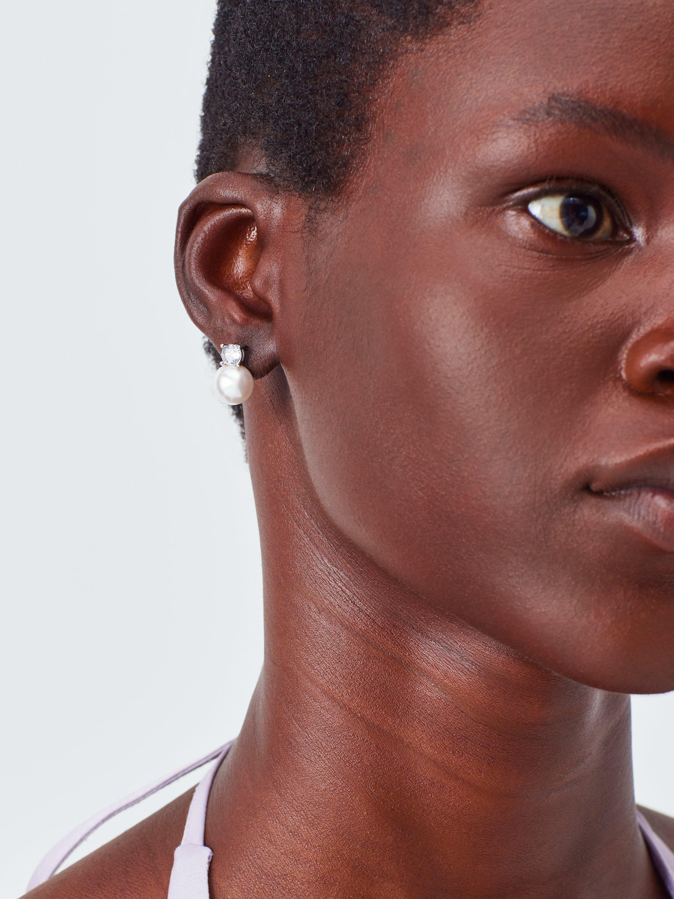 Product image 2 of 2, which shows John Lewis Pearl Cubic Zirconia Stone Stud Earrings, Silver/White