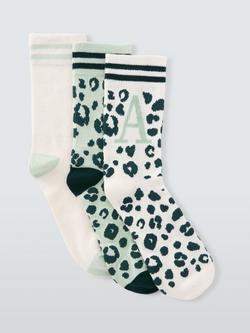 John Lewis Animal Print Alphabet Ankle Socks, Pack of 3, Green/Multi, Green/Multi
