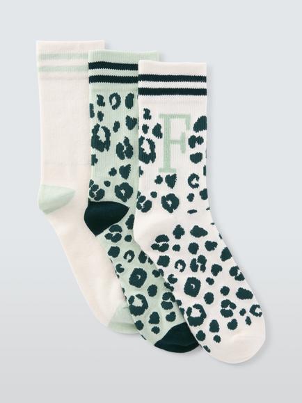 John Lewis Animal Print Alphabet Ankle Socks, Pack of 3, Green/Multi, Green/Multi