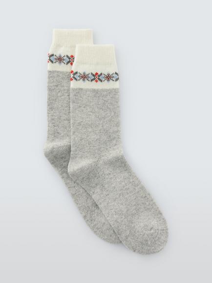 John Lewis Fair Isle Tip Wool Blend Crew Socks, Grey
