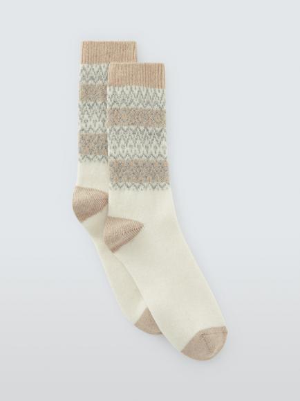 John Lewis Fair Isle Wool Blend Crew Socks, Oatmeal, Oatmeal