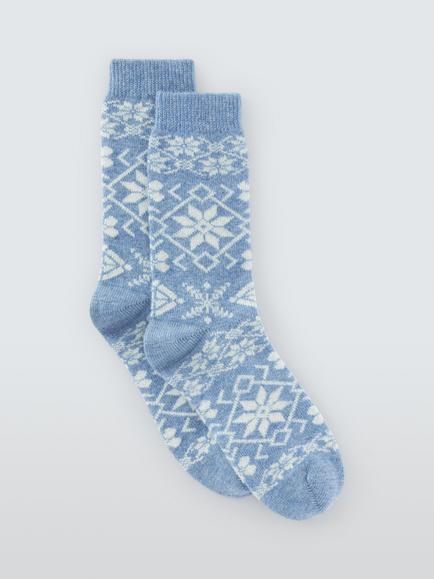 John Lewis Snowflake Wool Blend Crew Socks, Bright Blue
