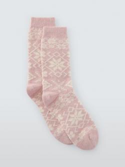 John Lewis Snowflake Wool Blend with Cashmere Crew Socks, Pink