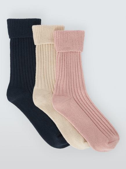 John Lewis Cosy Roll Top Ribbed Lounge Socks, Pack of 3, Navy/Beige/Pink