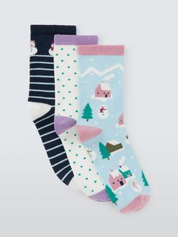 John Lewis Christmas Snowy Ankle Socks, Pack of 3, Blue, Blue