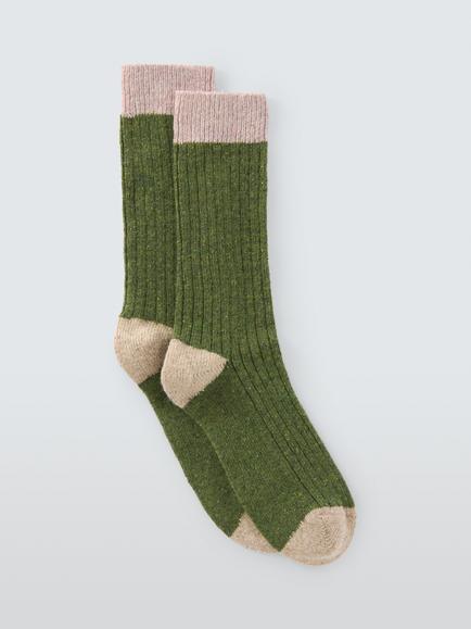 John Lewis Rib Wool Silk Blend Ankle Socks, Green/Multi