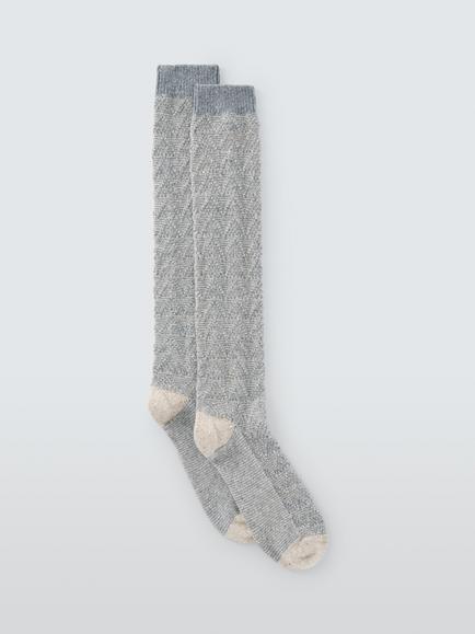 John Lewis Geometric Wool Silk Blend Knee High Socks, Blue/Multi