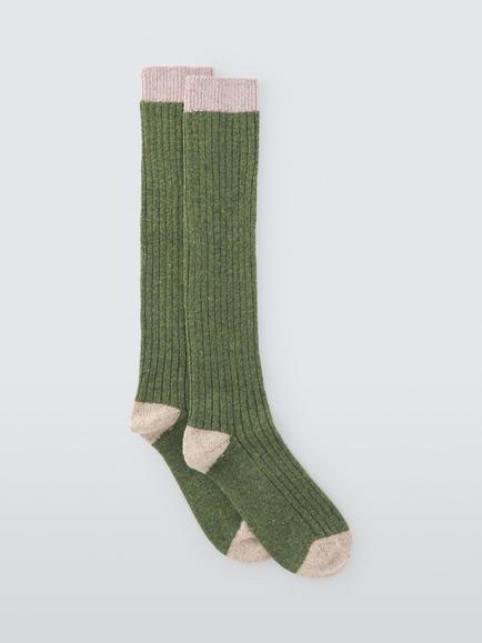 John Lewis Rib Wool Silk Blend Knee High Socks, Green/Ivory