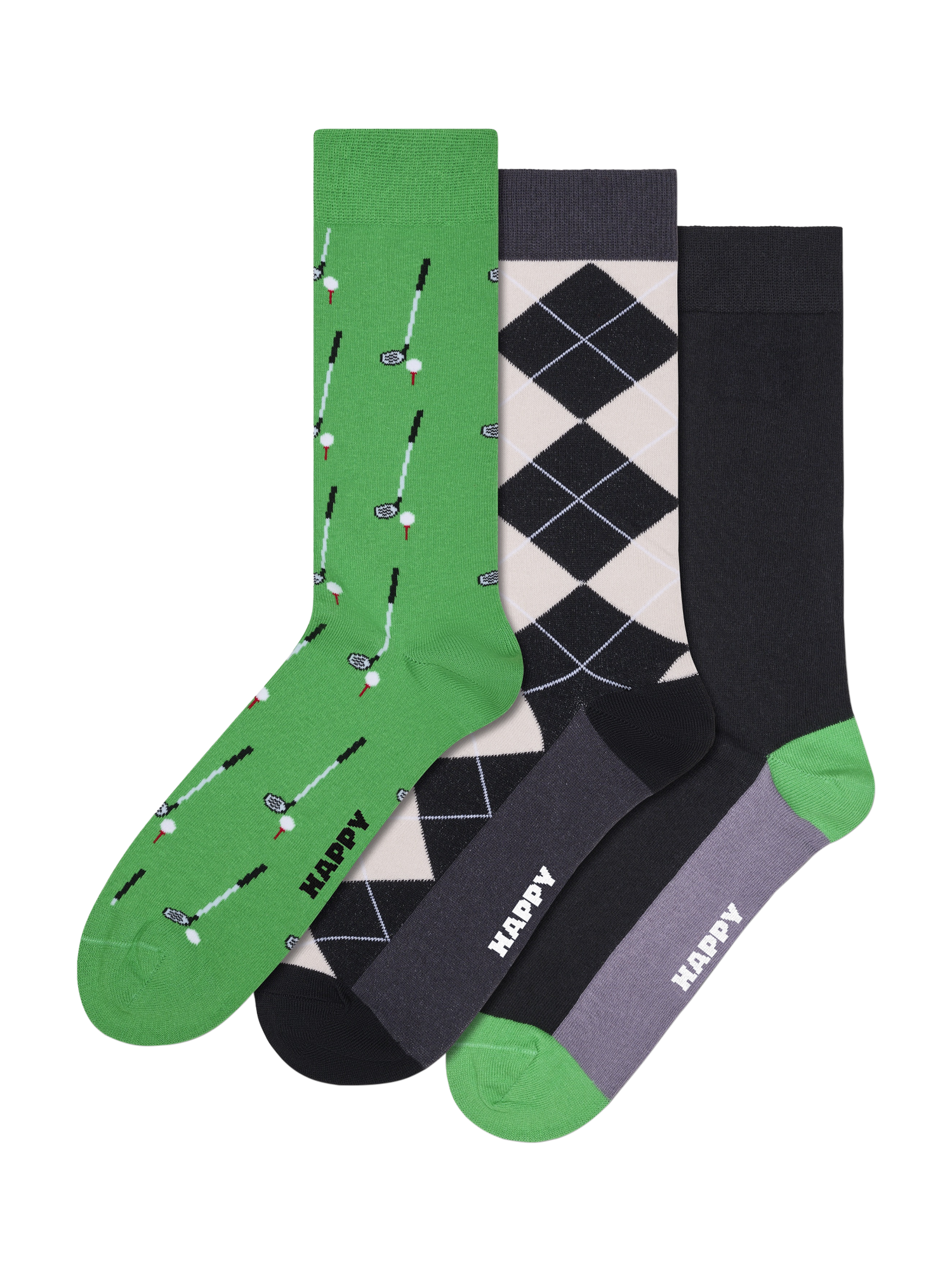 Product image 1 of 5, which shows Happy Socks Lite Golf Socks, Pack of 3, Green