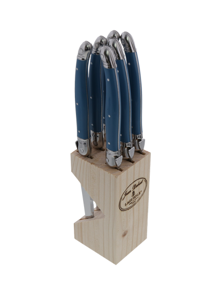 Laguiole Stainless Steel Steak Knives & Filled Knife Block, Set of 6, Arctic Blue, Blue